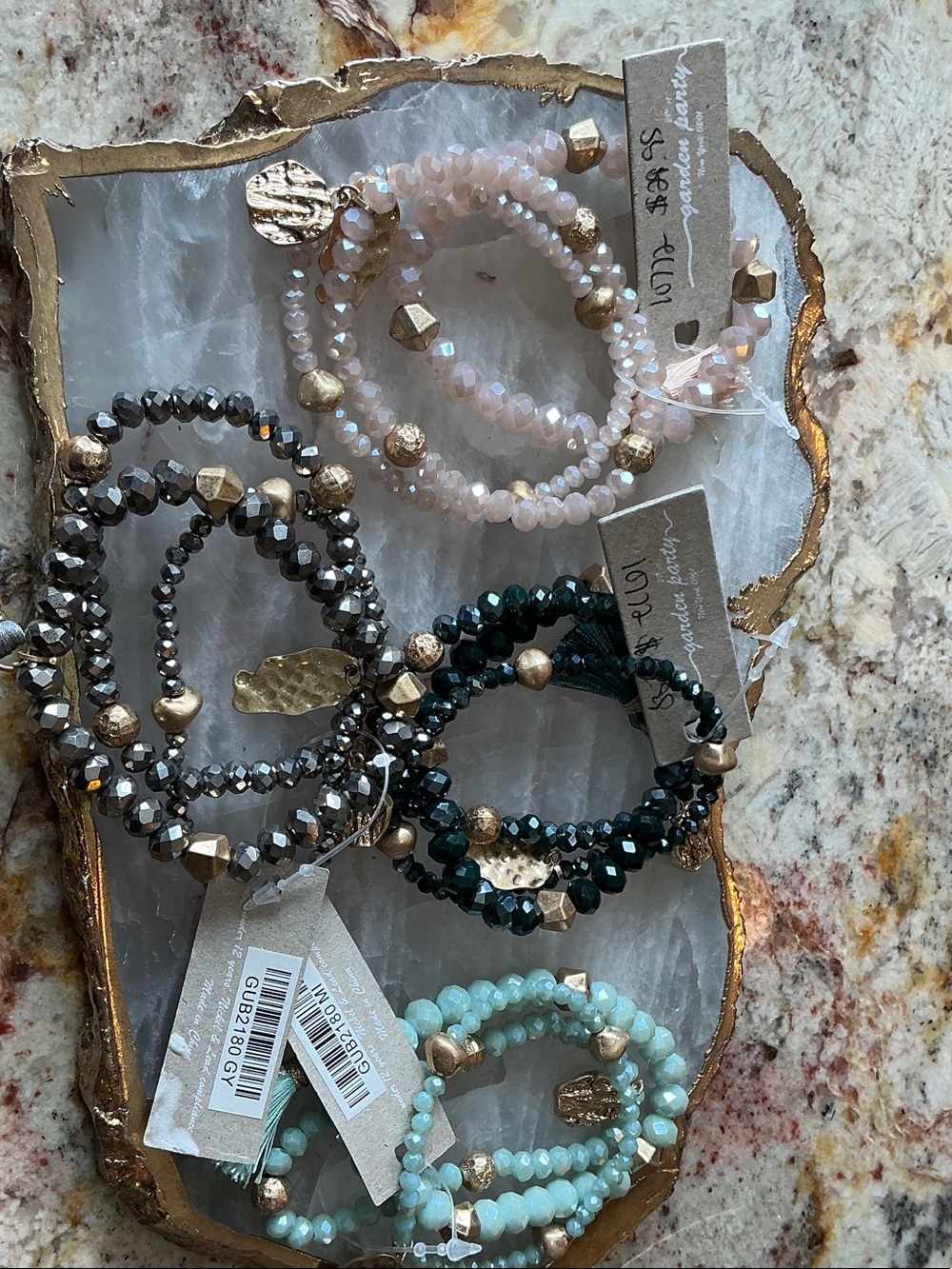 Beaded Stretch Glass Bracelet Stack - Light Pink, Black, Teal, Mint